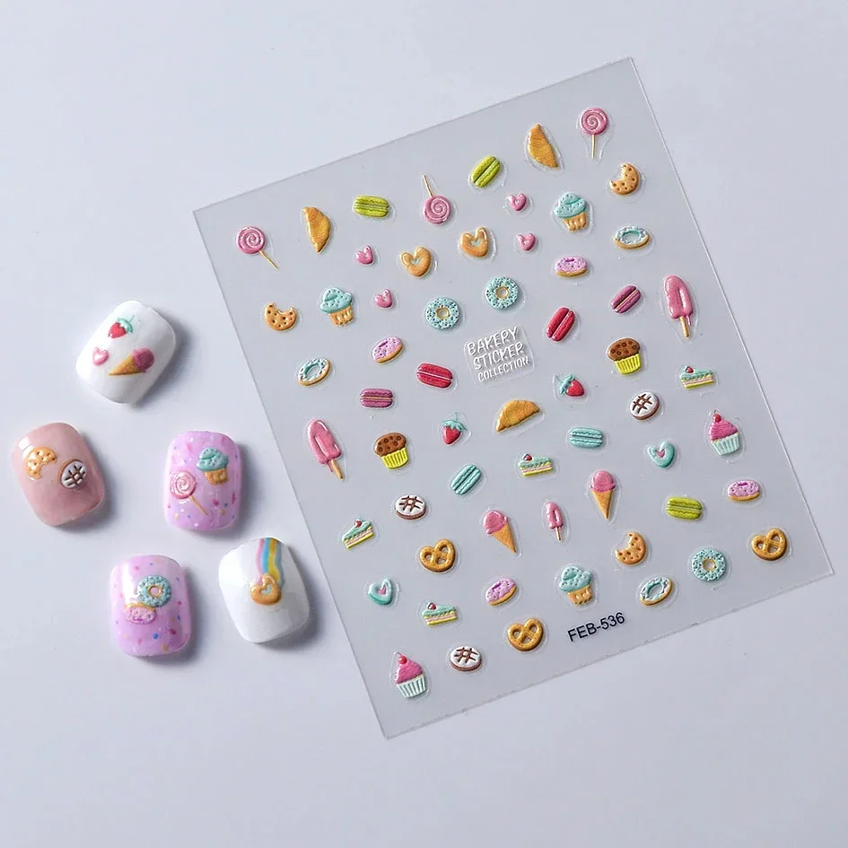 

Cartoon Cookies Ice Cream Sweet Cone Donut Doughnut Food 5D Soft Embossed Reliefs Nail Art Decoration Sticker 3D Manicure Decals