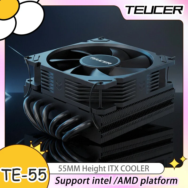 TEUCER TE-55 55MM Height Six Heat Pipes ITX CPU Cooler 12V 4PIN PWM Small Chassis Radiator For AM5 AM4 and LGA1700 1200 2011 FM1