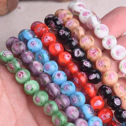 10pcs 10mm Round Handmade Rose Flower Pattern Lampwork Glass Loose Beads For Jewelry Making DIY Crafts Bracelet Findings