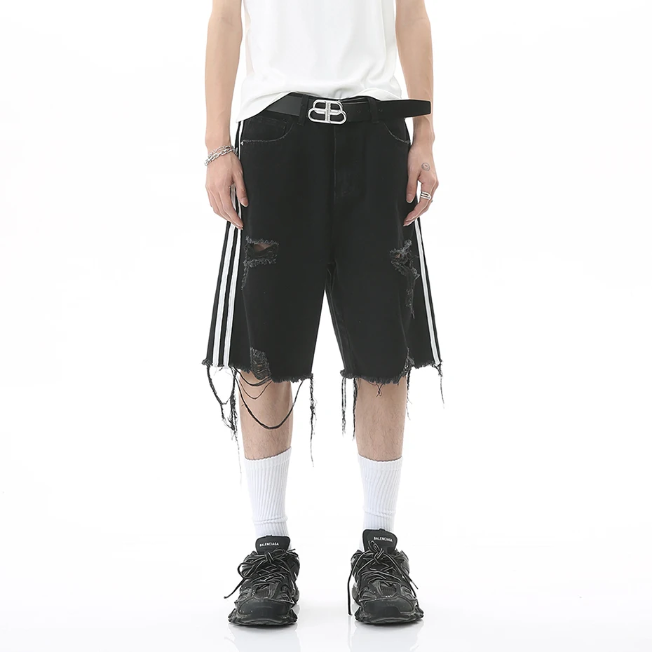 Side Striped Ripped Denim Shorts Fashion Distressed Tassel Black Jeans Shorts Men Summer Streetwear Harajuku Hip Hop Y2K Shorts