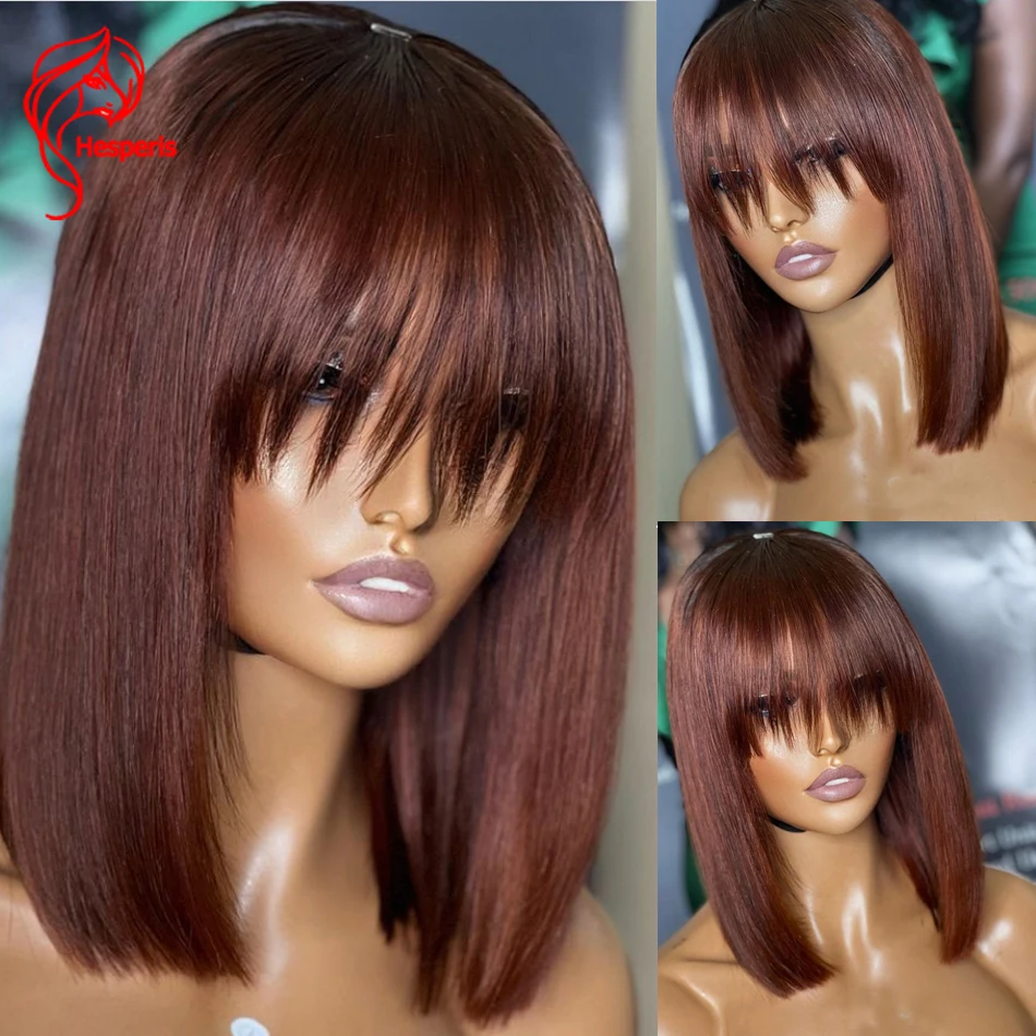 

Hesperis Reddish Brown Colored Short 200D Straight Brazilian Human Hair Bob Wig with Bangs Remy Full Machine Made Hightlight Wig