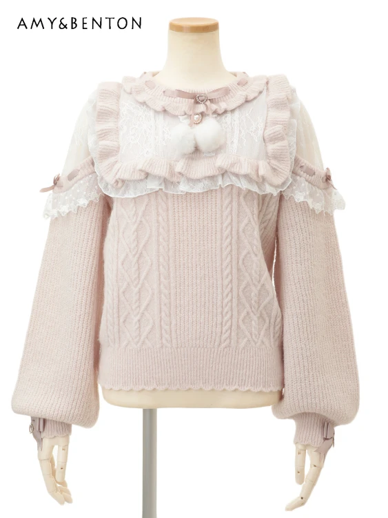 

Japanese Liz Mine Mass-Produced Sweet Lace Fur Ball Pendant Sweater Women Winter New Sexy Off Shoulder Kawaii Bow Loose Pullover