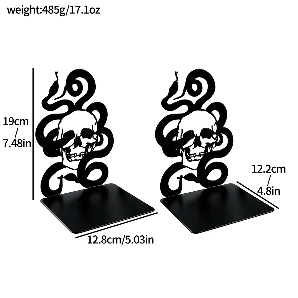 2Pcs/1Set Punk Skull Skeleton Snake Bookends Hollow Metal Desktop Retractable Book Holder Decoration Book Rests Book Support