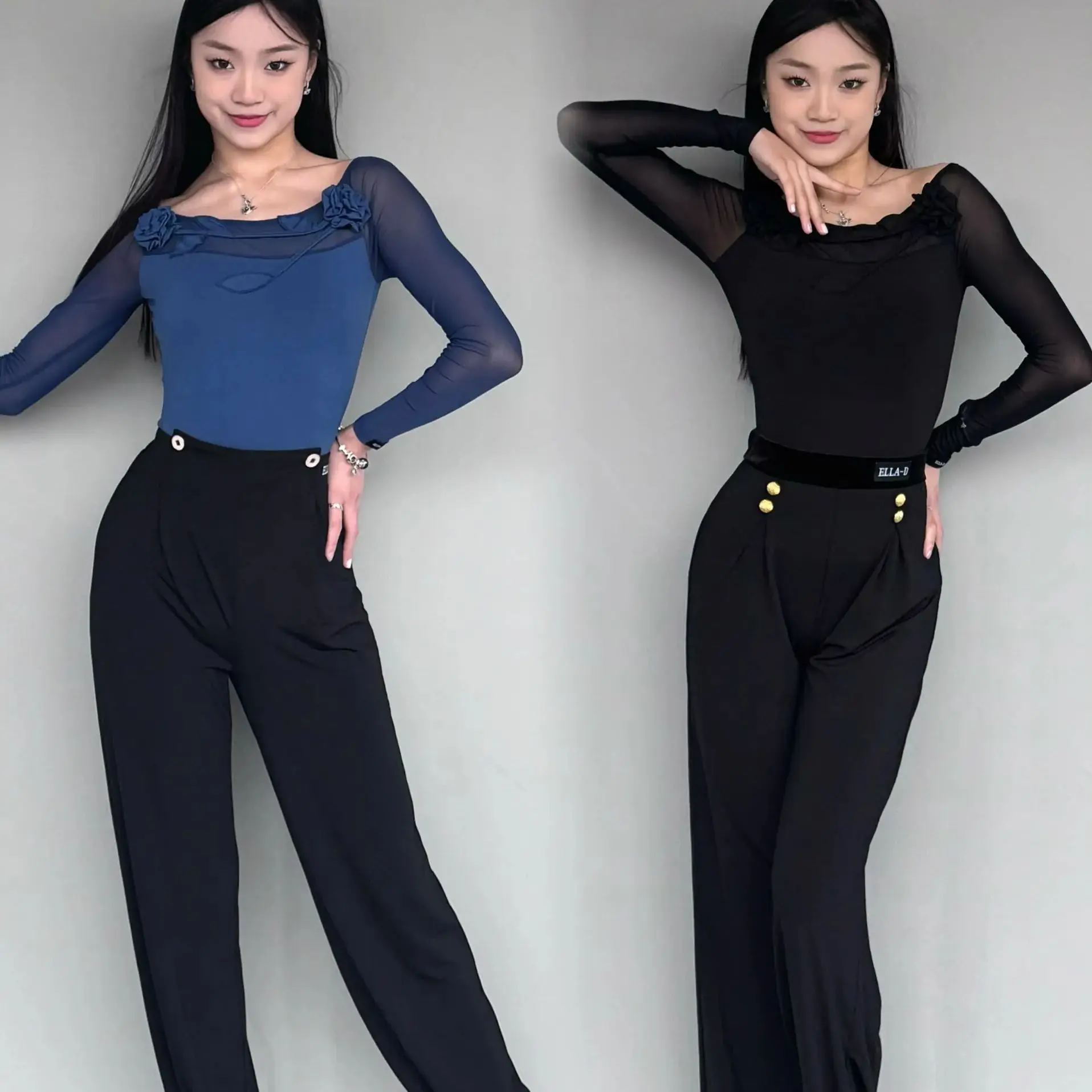 Latin Dance Costumes Practice Clothes Mesh Boat Neck Top Wide Leg High Waist Pants Training Suit For Women Latin Dress DN21085