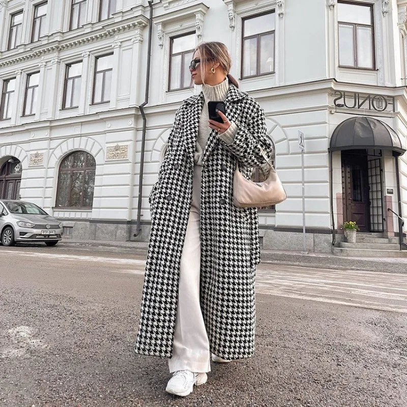 Houndstooth Jacket Double Breasted with Belt Notched Collar Long Coats Elegant Warm Thick Stylish Windbreaker Jackets for Ladies