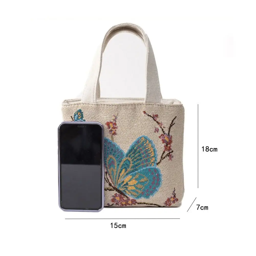 Embroidery Canvas Bag Cute Cat Flowers Tote Bag Fashion Style Small Shoulder Traveling Pouch Handbag