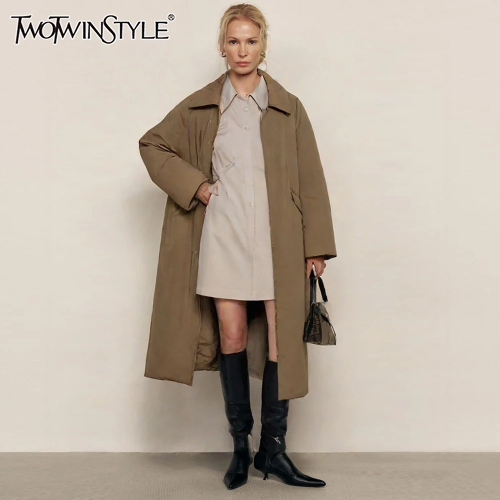 

TWOTWINSTYLE однотонные свободные повседневные стеганые пальто на молнии для женщин с лацканами и длинными рукавами, минималистичное длинное пальто, женское осеннее новое