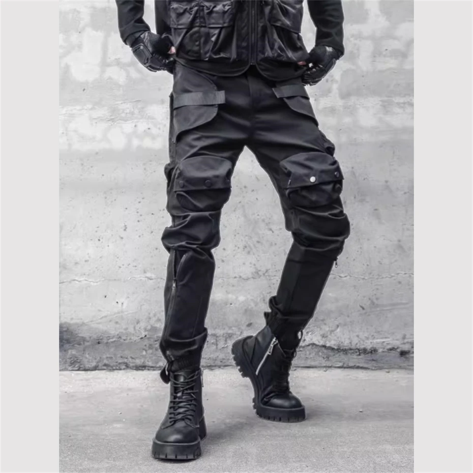 Men Y2K Cargo Pants Zipper Pocket Tactical Techwear Ninja Jogger Pants Black Fashion Streetwear Pants Punk Sweatpants Trousers