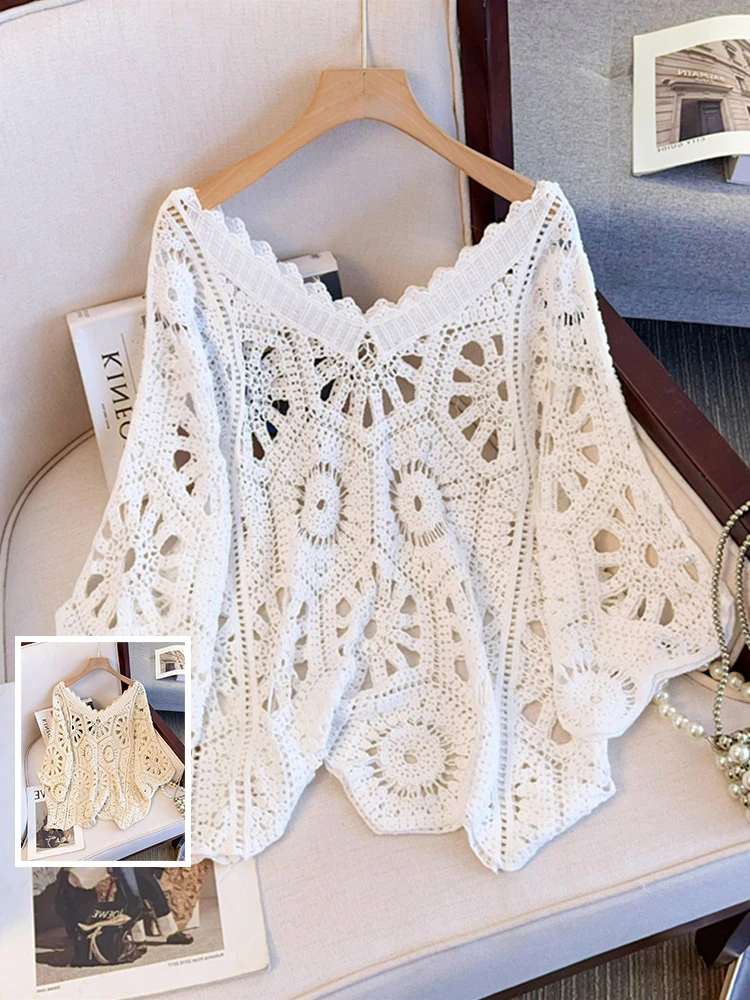 

Sweet Sle ort Loose Knitted Sweater Hollow out Bell Sve V-Ne Pure Color Oversize Women's Faion Summer Top