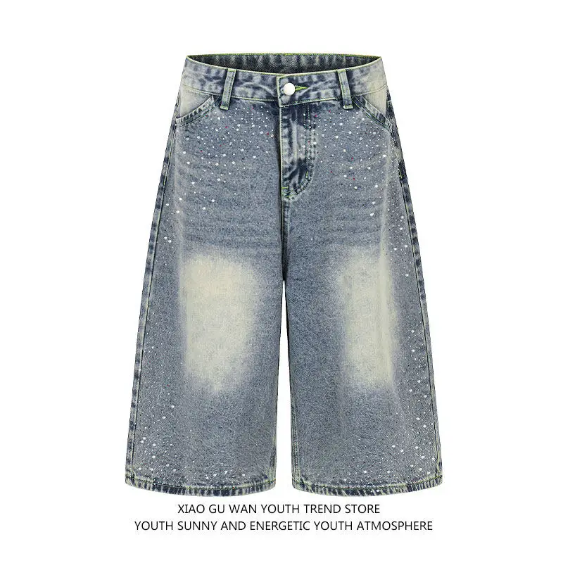 Calças de Jeans Largas Estilo Americano para Jovens, Moda de Verão, Calças de Sete Quartos com Detalhes em Diamante para Home...