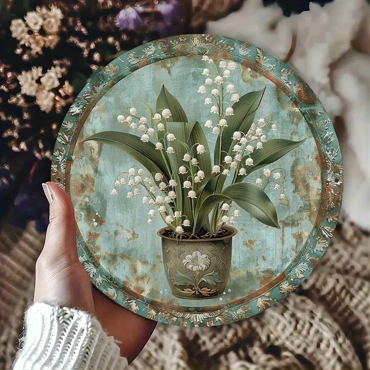 Sinalização de parede vintage para exterior – padrões de lírio branco e folhas, perfeita para casas, cafés, jardins e ótimo como arte de parede ao ar livre