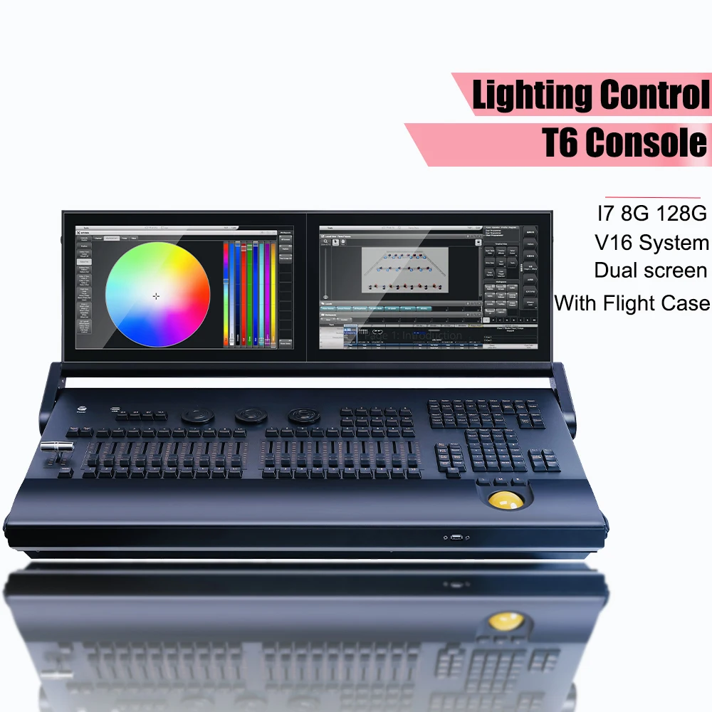 T6 Console Stage Lighting Controller V16 System I7 8G 128G With Dual Screen DMX512 Control Moving Head Light With Flight Case