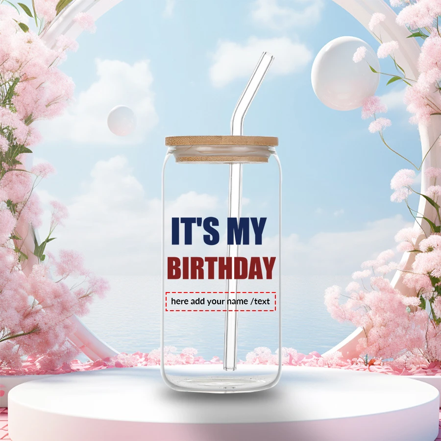 16oz 1Pc Customized Name Birthday Party Glass Mugs with Straw Lid Transparent Print Straight Tumblers Family Causal Kitchen Cups