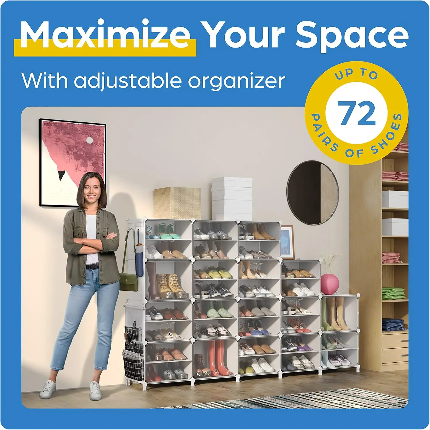 Shoe Organizer Cabinet Up to 72 Pairs, Shoe Closet-Portable Closed Shoe Rack with See-Through Door (Clear, Plastic, Stackable)