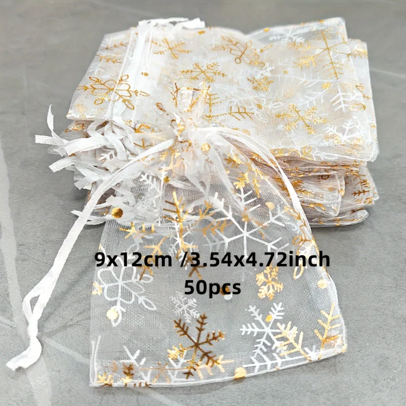 50 Uds. Bolsas de regalo de tul con forma de copo de nieve de 3,54x4,72 pulgadas con cierre de cordón-elegante nuevo embalaje de joyería para fiesta y boda Yaer