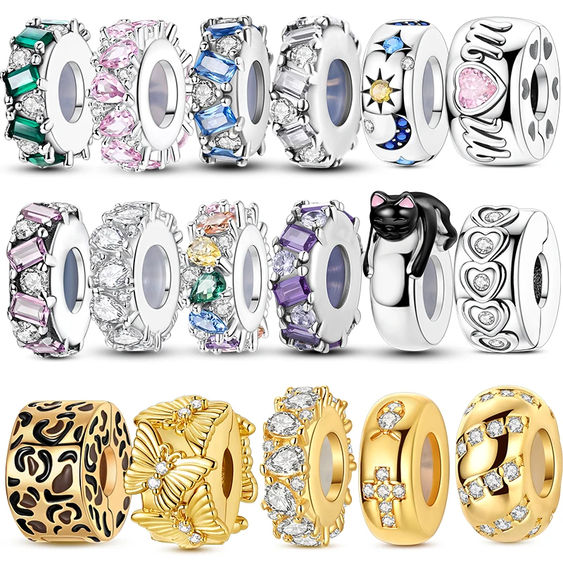 

925 Sterling Silver Clasp Clip Charms Beads Gold Zircon Cat Cross Silicone Stopper Charm Fit Bangle Bracelet Diy Fine Jewelry