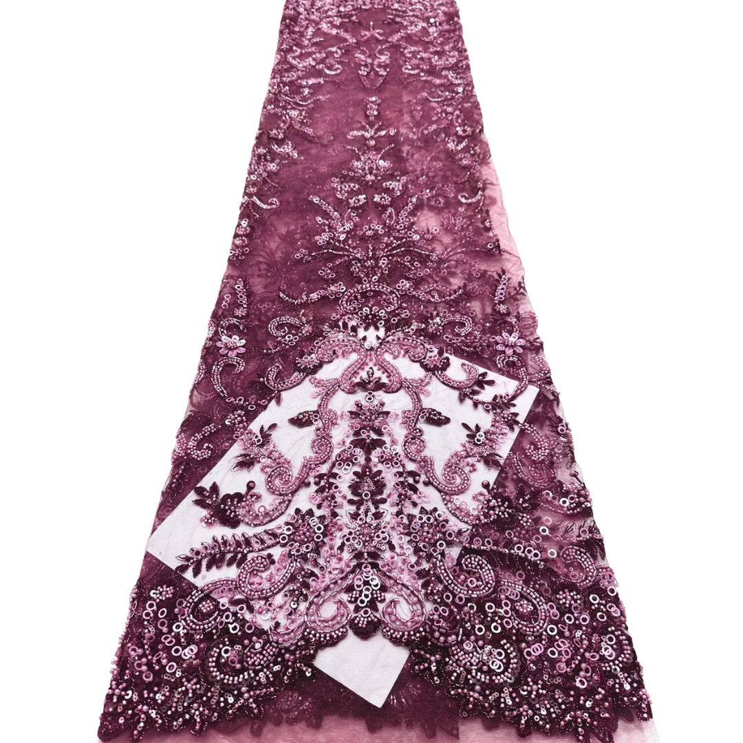 Exquisite Beaded Tulle Lace Fabric African Vertical Floral Vine High‑End Sequins Embroidered Bridal Wedding Evening Gown Mesh