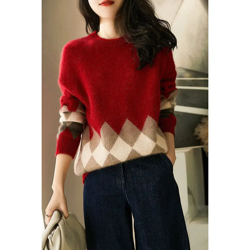 

Ele Long Sve Knitted Sweater for Women Brand Tag Removed Autumn Winter Diamond Pattern Knitwear Fem Commute Sle