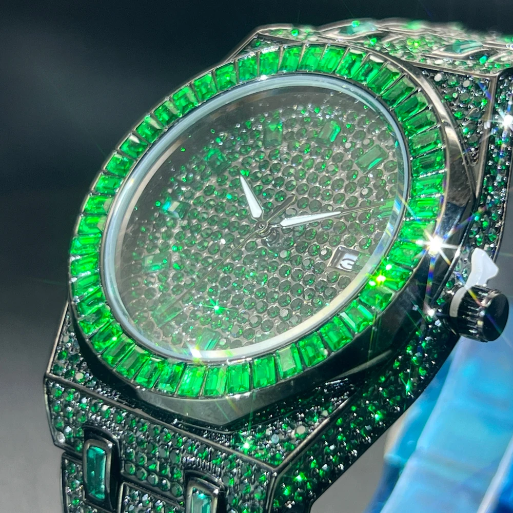 New Green Diamond Watch For Men Luxury Hip Hop Diamond Watches Unique Bling Ice Out Luminous Waterproof 2024 Wristwatch For Gift