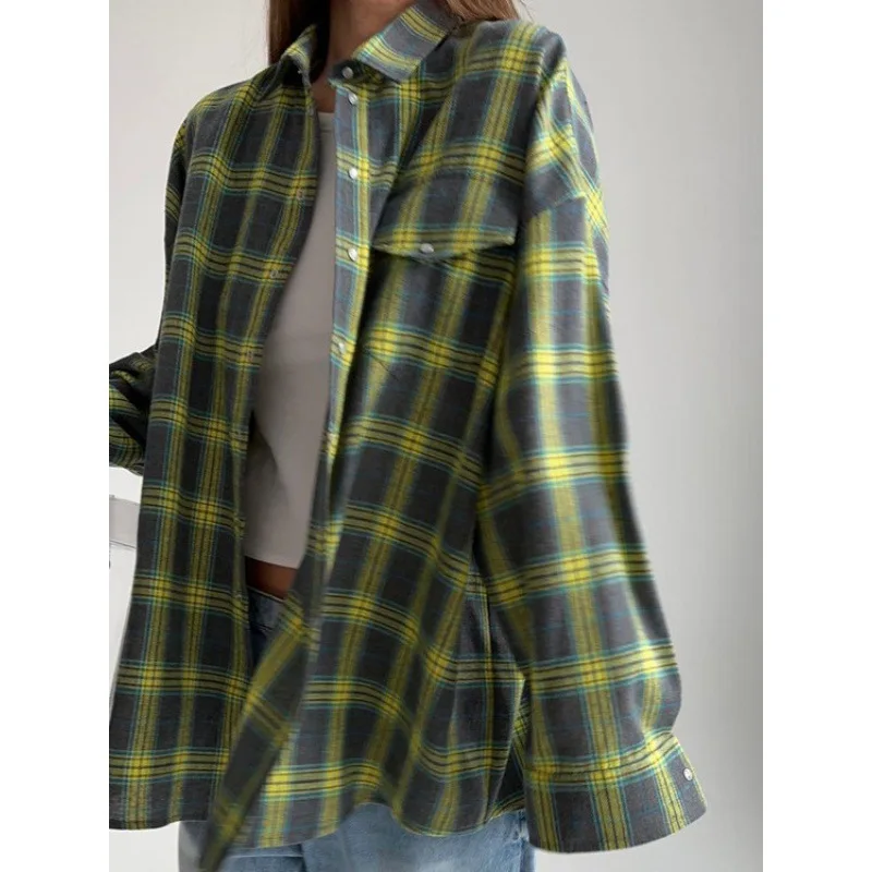 Women's Pink & Grey Plaid Flannel Shirt Button Down, Long Sleeve, Casual Streetwear Blouse for Layering