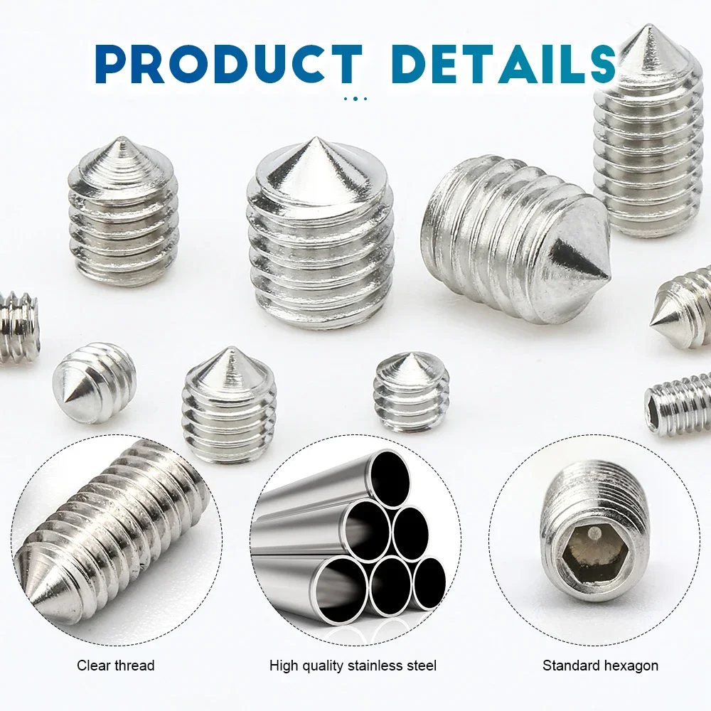 2-50pcs/pack Hexagon Socket Set Screw Cone Point M2 M2.5 M3 M4 M5 M6 M8 M10 M12 304 Stainless Steel Headless Allen Set Screw