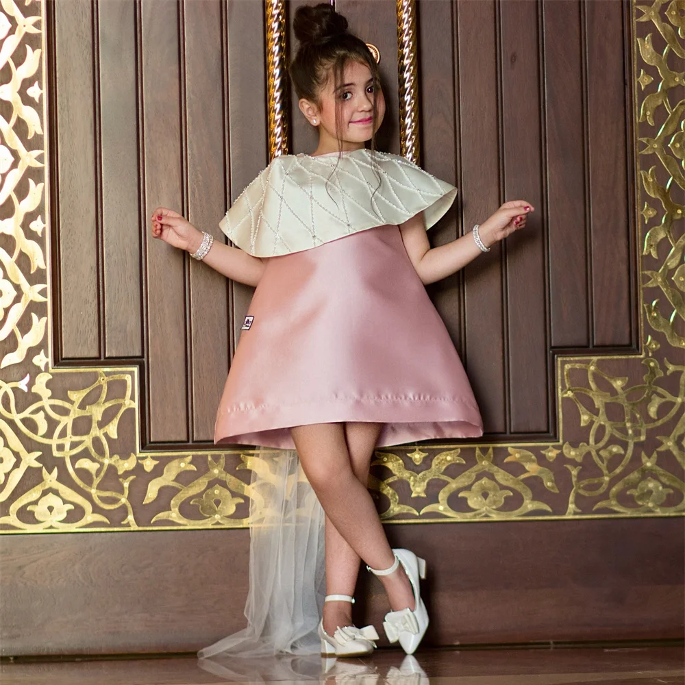 Luxo beading elegante clássico princesa vestido da menina de flor manga curta mini comprimento formal primeira comunhão vestido personalizado 2025