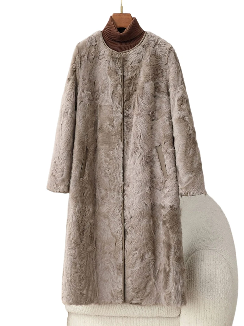 Xiaohu Cappotto integrato in pelliccia di agnello per giovani donne, cappotto di pelliccia di agnello Haining di media lunghezza