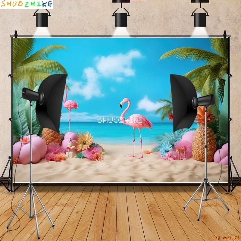 Vacanze tropicali Fenicottero Oceano Paesaggio Fondali Fotografia Prop Palme Spiaggia Turismo Festa di compleanno Sfondo fotografico HN-01