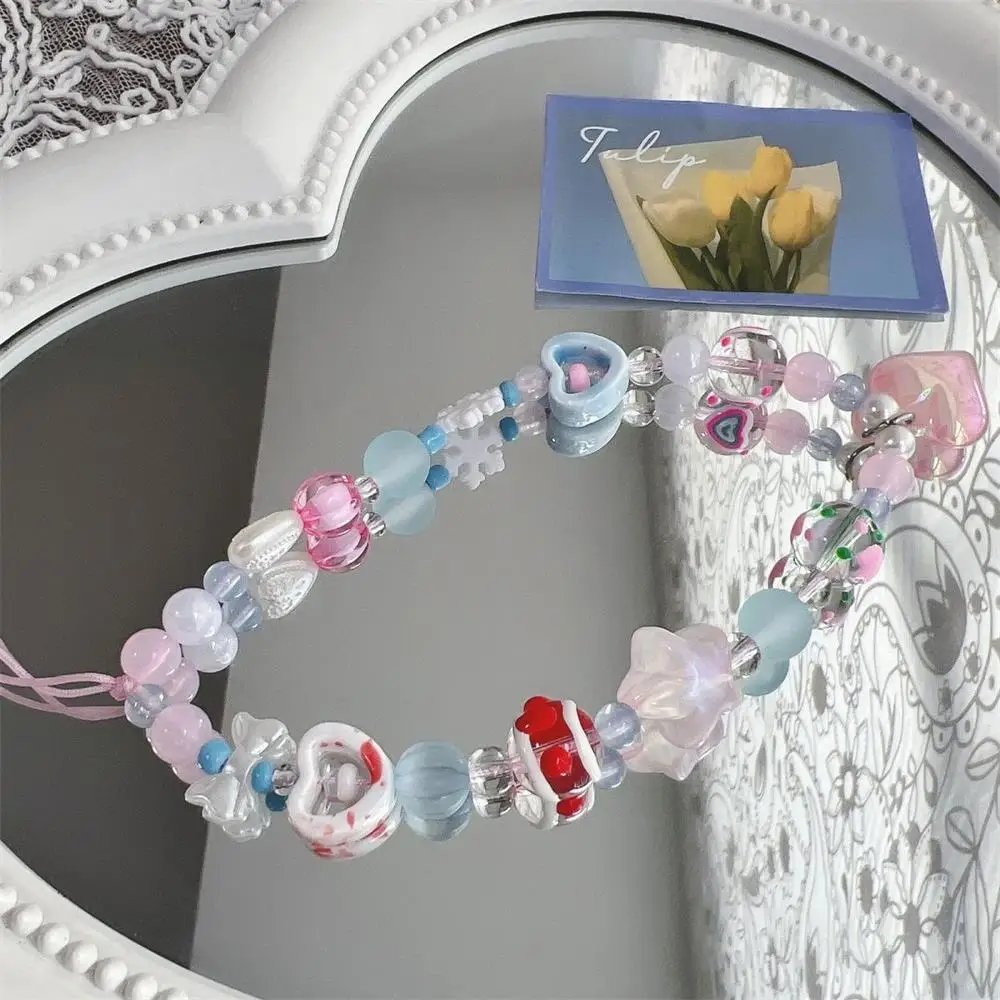 Korean Cute Pink Blue Love Heart Beaded Phone Chain Charm Lanyard For iPhone CCD Camera Decorated With Anti-Loss Lanyard