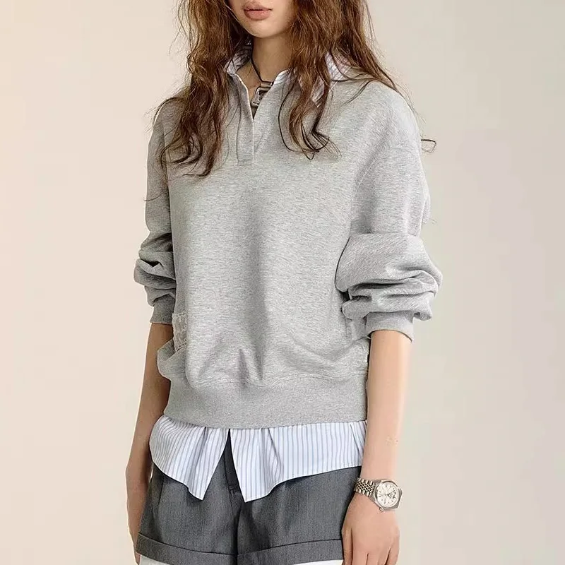 Women's Sweatshirt with Shirt Collar and Shirt Hem, 2 in 1