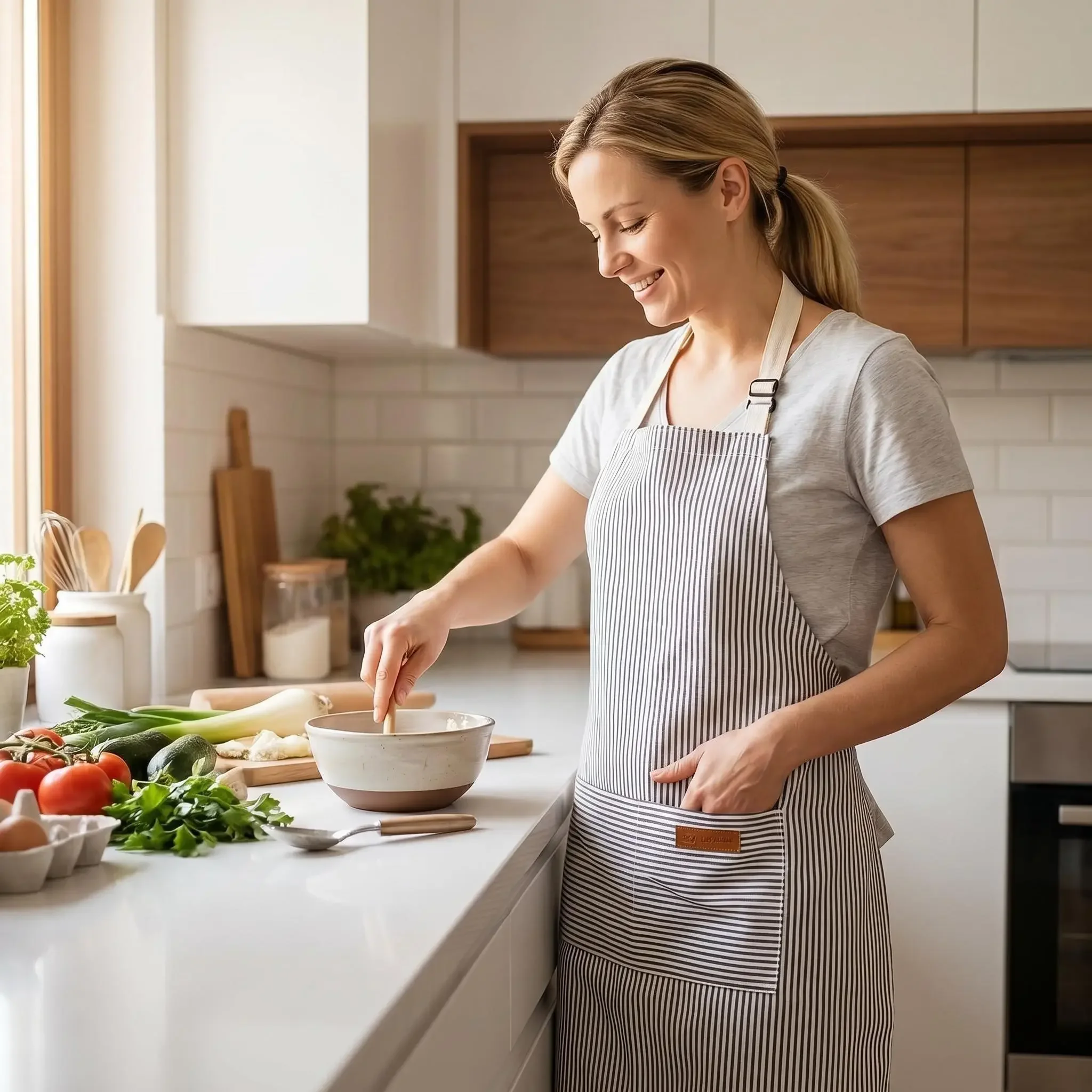 2‑Pack Striped Polyester Chef Aprons for Men & Women, Abrasive‑Resistant Breathable Adjustable‑Strap Aprons with Pockets, Multi‑Purpose Kitchen Home Accessories