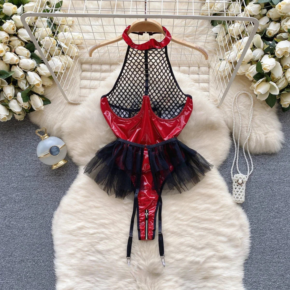 

Women Sexy Halter PU Leather Patchwork Mesh Jumpsuit Bunny Girl Cosplay Uniform Lace Slim Hollow Out Bodysuit Short Skirt Pant S