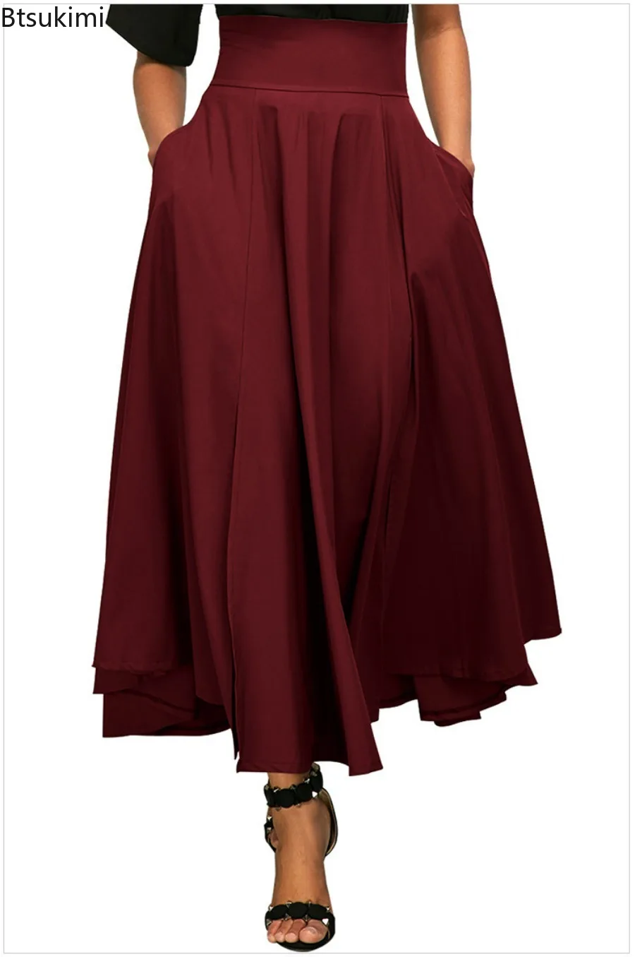 

New 2024 Women's A-Line Long Skirt Fashion High Waist Pleated Maxi Skirts With Pockets Solid Color Vintage Ladies Skirt Faldas