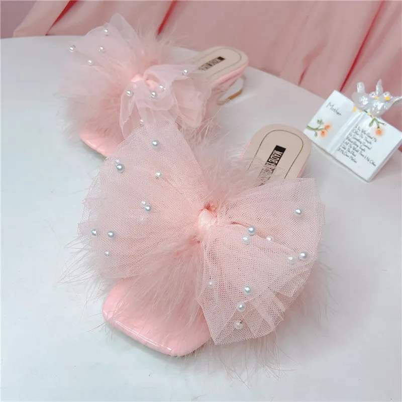 Pearls Beaded Sweet Pink Woman Summer Mules Slippers Fluffy Feather Bow High Heels Fur Sandals Peep Toe Ladies Slides Shoes