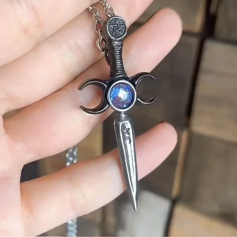 

Sword Triple Moon Goddess Pentagram Pendant Stainless Steel Purple Crystal Witch Pagan Chain Necklaces Jewelry Xmas Gift