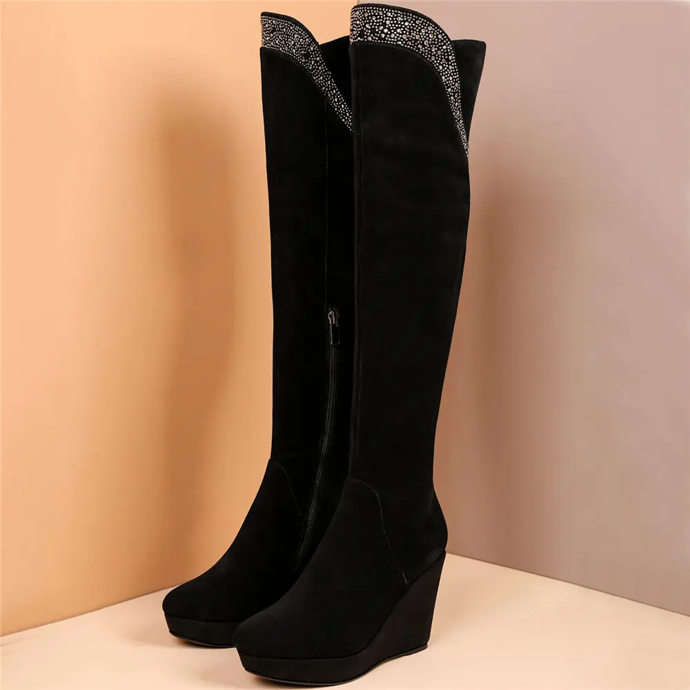 Snow Winter Women Suede Leather Over the Knee High Boots Platform Wedge High Heels Diamonds Tall Long Boots Party Pumps Punk