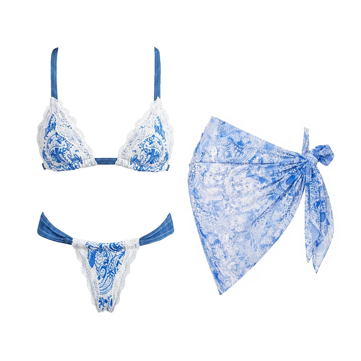 Retro Print 3Pcs Lace Bikini Sexy Women Swimsuit Female Push Up Swimwear Low Waist Swim Suit Beachwear Bathingsuit Micro Biquini