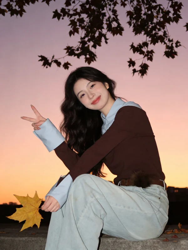 

Slim Fit Ne Long Sve Women's irt Spring 2026 New Sle Design Splice Top French Sle Button Detail Color Blo