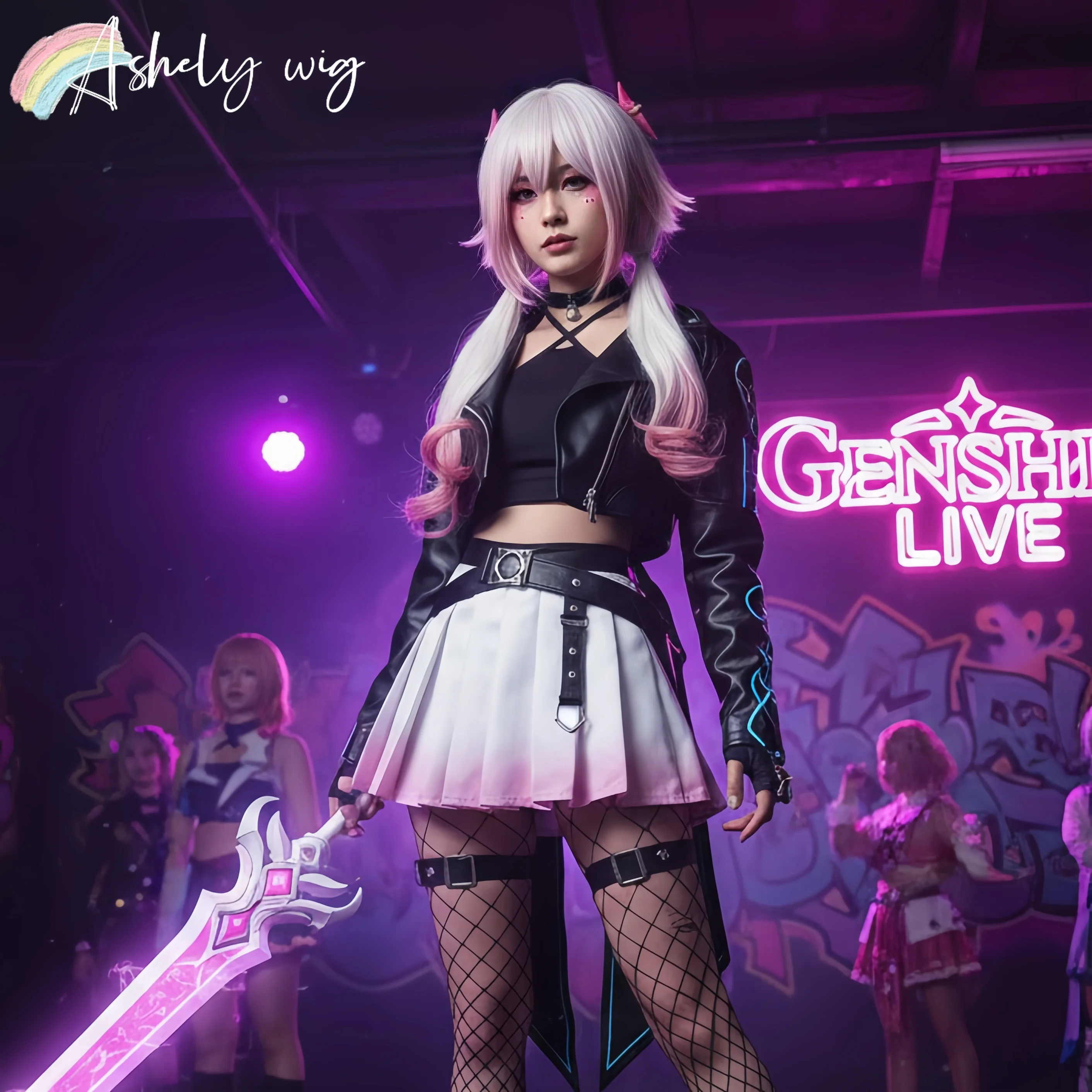 شعر مستعار تأثيري للنساء الوردي والأبيض يسلط الضوء على قنديل البحر طويل مجعد تأثيري Y2K عقال شعر مستعار ارتفاع درجة الحرارة الألياف #2