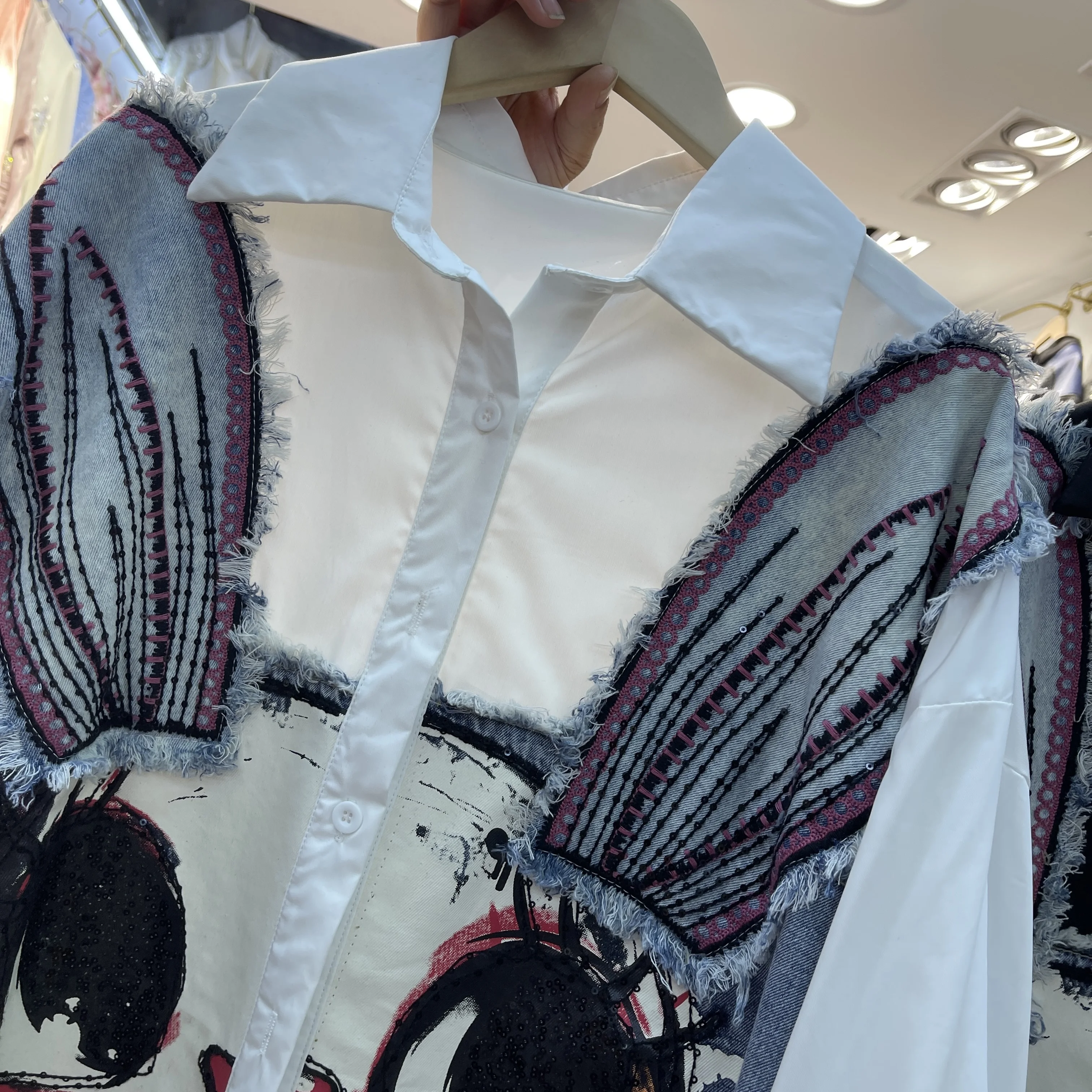 

2025 New Spring Autumn Loose Long Sleeve Women Blouses Patch Cartoon Embroidery Elegant Single-breasted Loose Cardigans Shirts