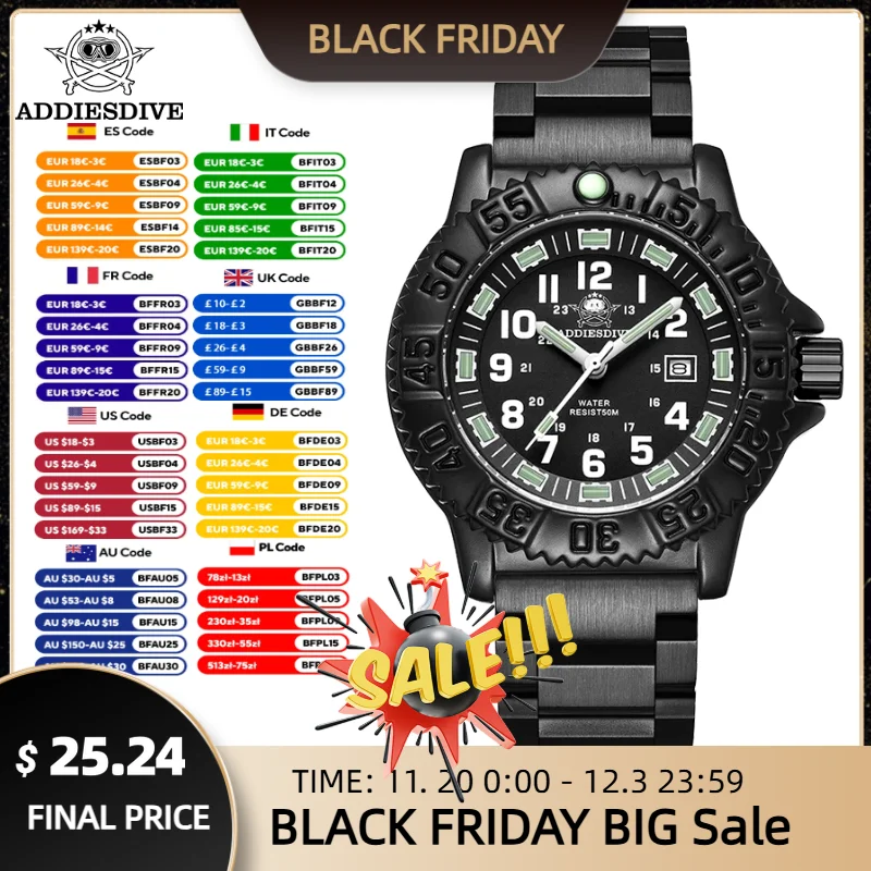 Addiesdive ساعة رجالي موضة الفولاذ المقاوم للصدأ الرياضة في الهواء الطلق التناظرية ساعة مقاوم للماء مضيئة كوارتز ساعة اليد Reloj Hombre #1
