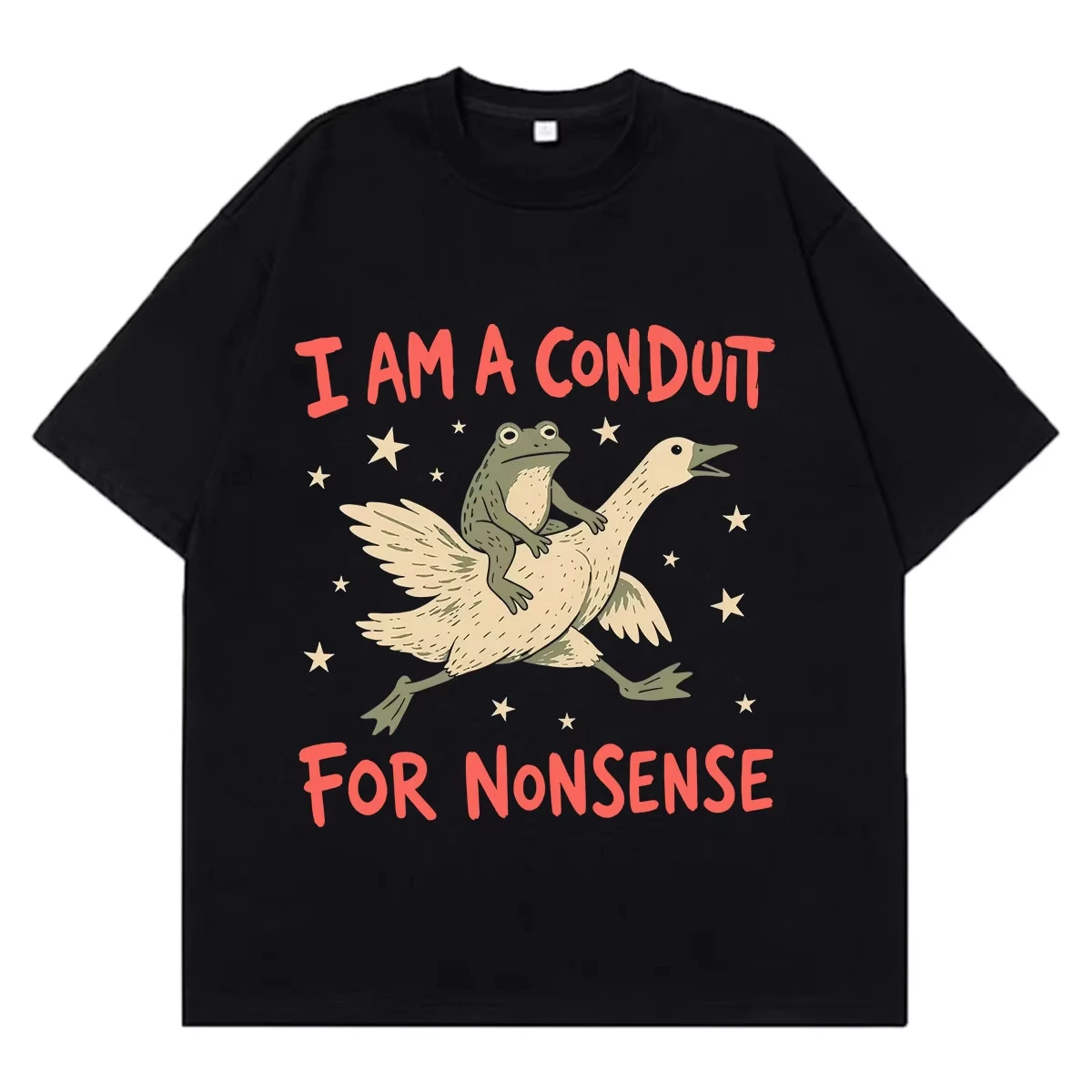 I Am A Conduit for Nonsense Frog Riding Bird Funny Graphic Men Women Fashion T-shirts Short-sleeved Loose Casual Cotton T-shirts