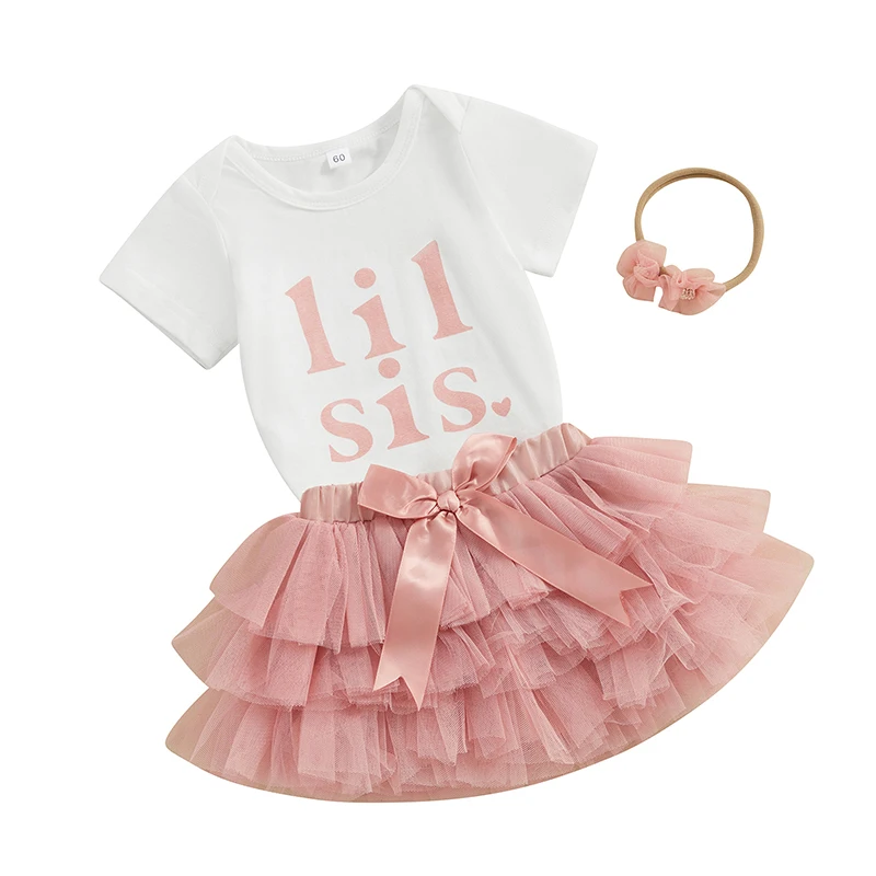 

Infant Baby Girl 3 Piece Outfit Short Sleeve Letter Print Romper Elastic Waist Mesh Skirt 3D Flower Headband Toddler Set