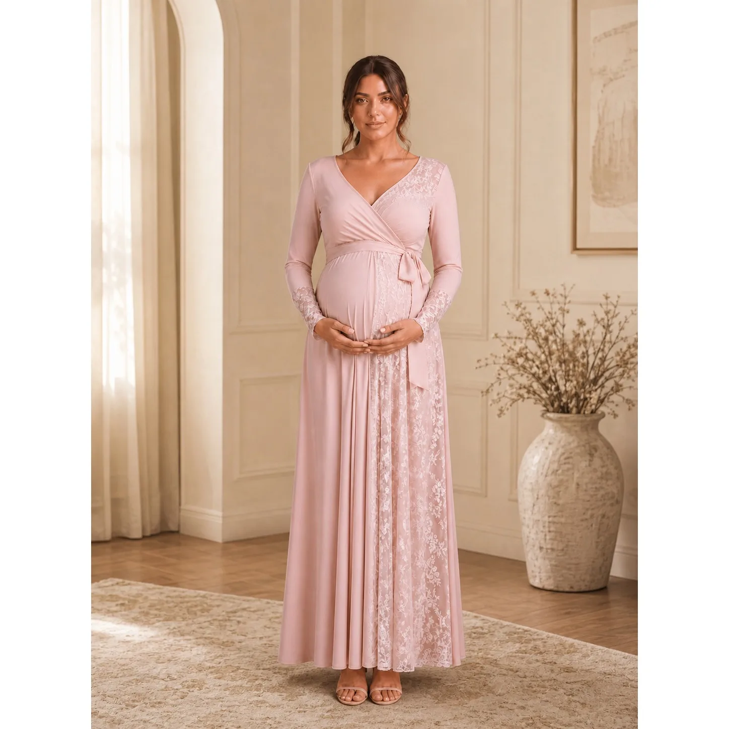 Blush Pink Wrap Maternity Baby Shower Dress V-Neck Gown with Lace Panels ZX022