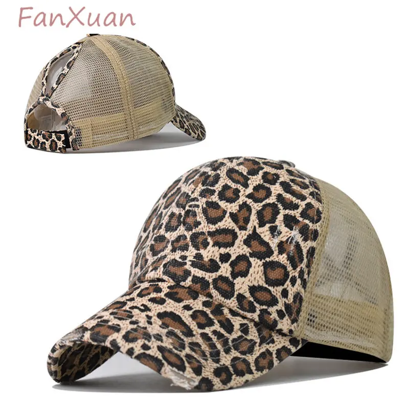 

Leopard Summer Cap for Women Ponytail Baseball Cap Distressed Mesh Sun Hat Femme