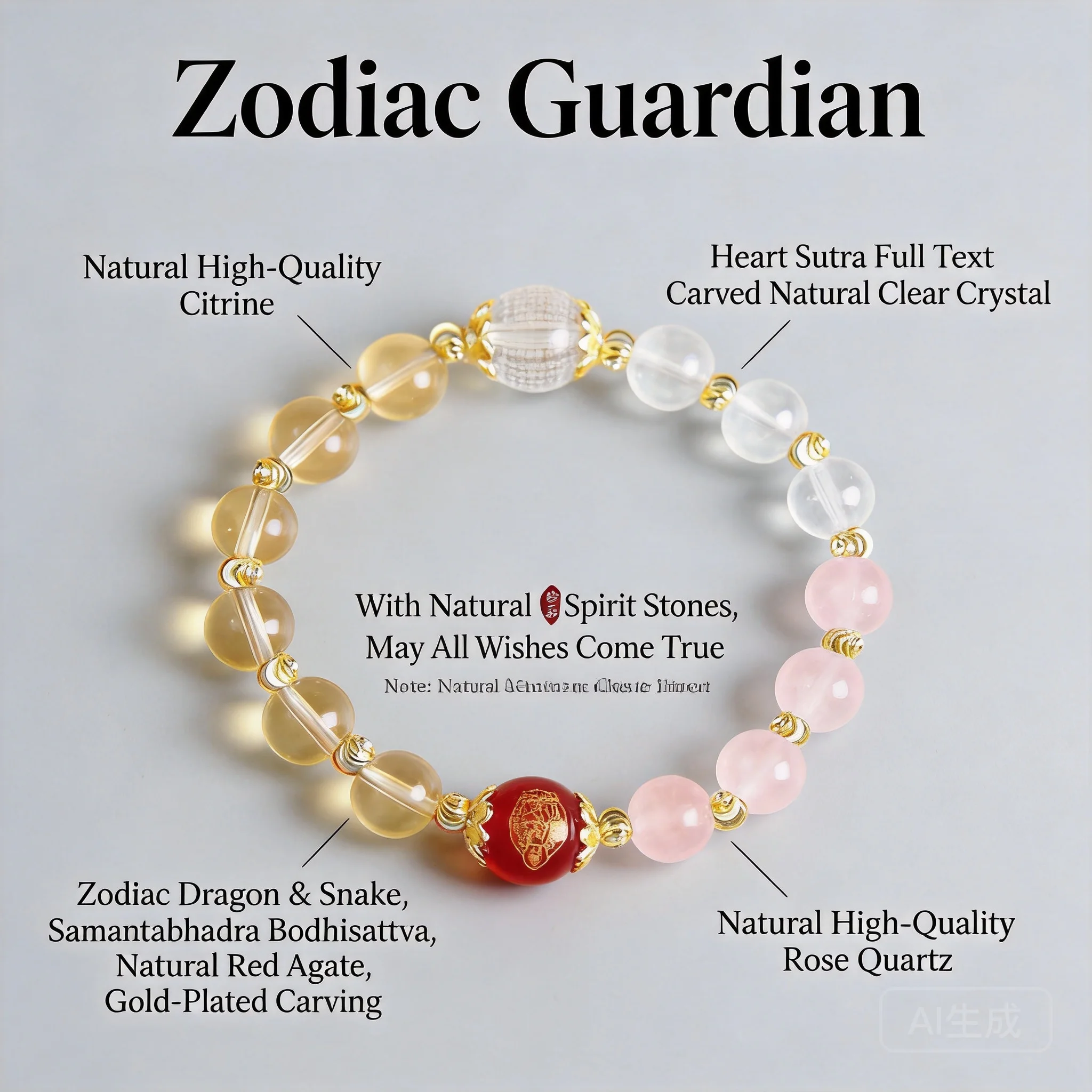 

Chinese Style 12 Chinese Zodiac Guardian Natural Crystal Bracelet Lucky Blessing Heart Sutra Engraved Fortune Attracting Beaded