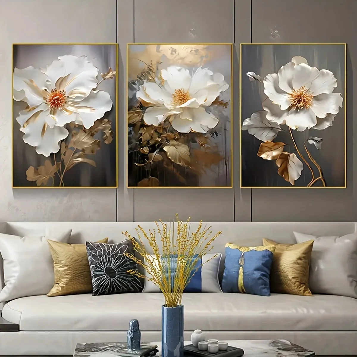 3PCS  Frameless,3pcs Abstract Floral Canvas Wall Art Prints, Frameless Golden and White Flower Paintings, Modern Decor for Bedro