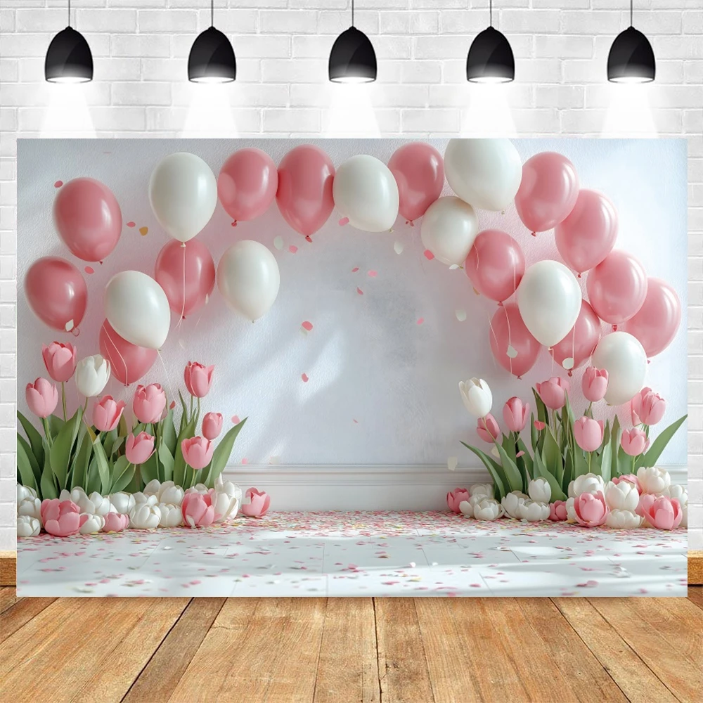 Girls Birthday Party Photography Backdrop Pink Tulip Flowers Balloon Arch Baby Shower Portrait Photo Background Photostudio Prop