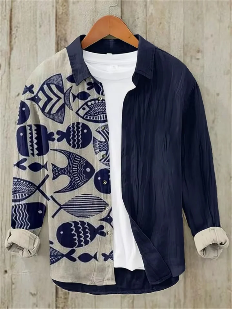 The new vintage Hawaiian long-sleeved shirt with fish patterns is a men's casual clothing item that is breathable and comfortabl