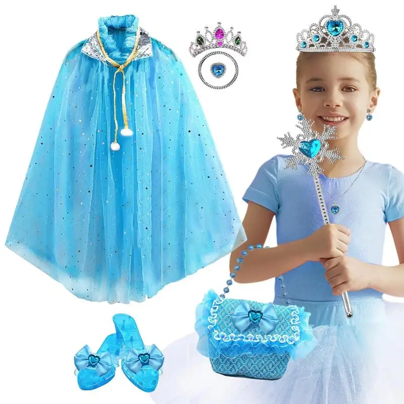 Princess Cape Set For Girls Cloak Set With Accessories Princess Cloak With Crown Bracelet Earrings High Heels Princess Toy For